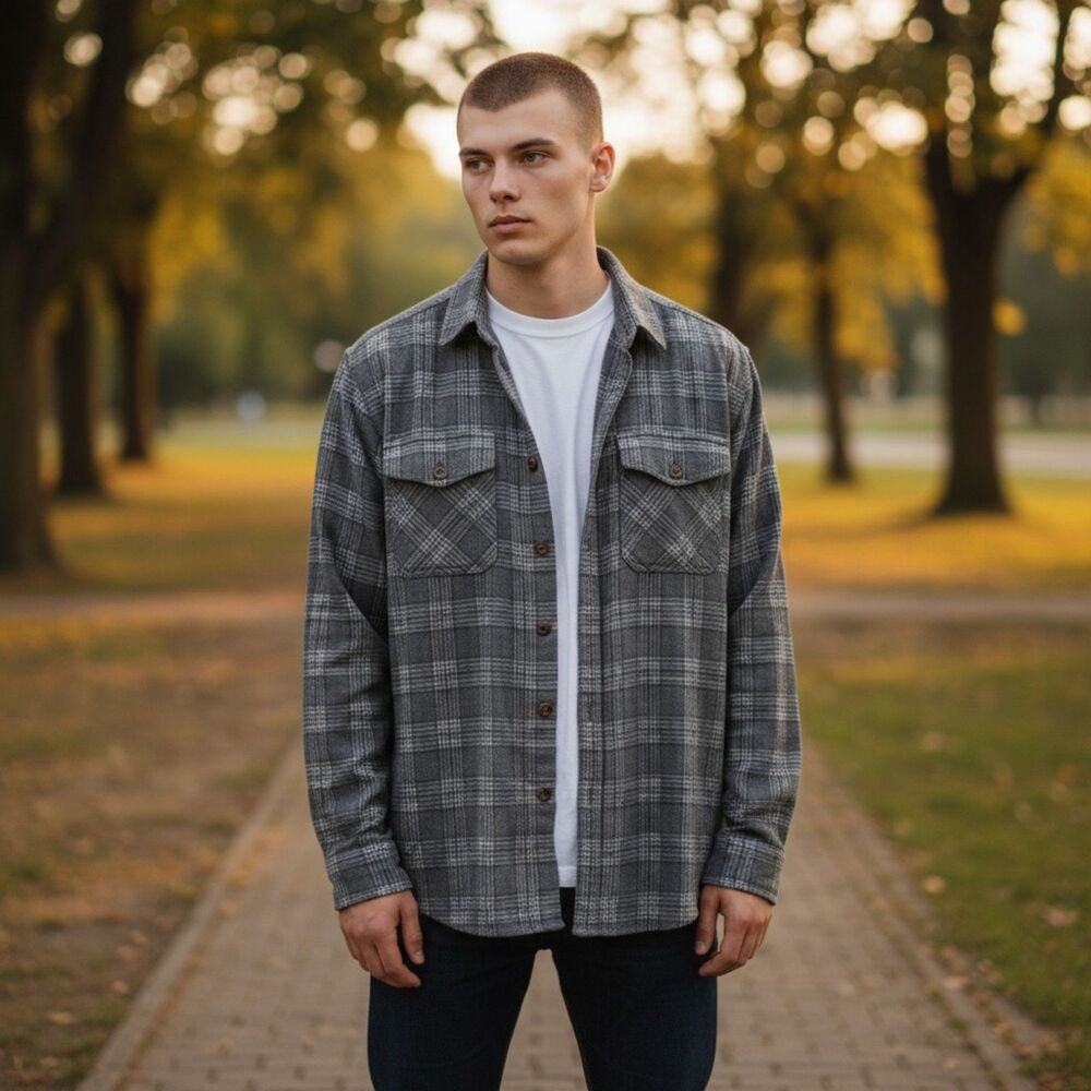 True Grit Houndstooth Plaid Heavy Long Sleeve Button Down - Grey  L